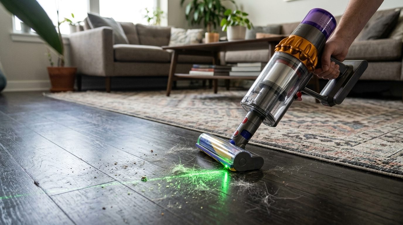 Dyson V15 Detect optic green laser illuminating pet hair and dust on dark hardwood